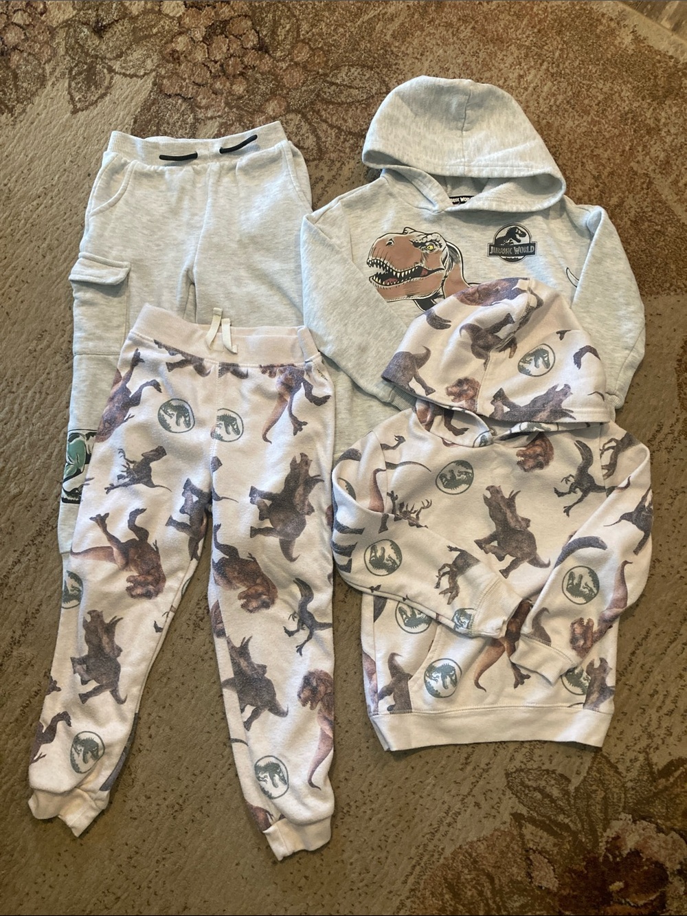 Boys Light Gray and beige Dino Jogger Pants and sweatshirt sets